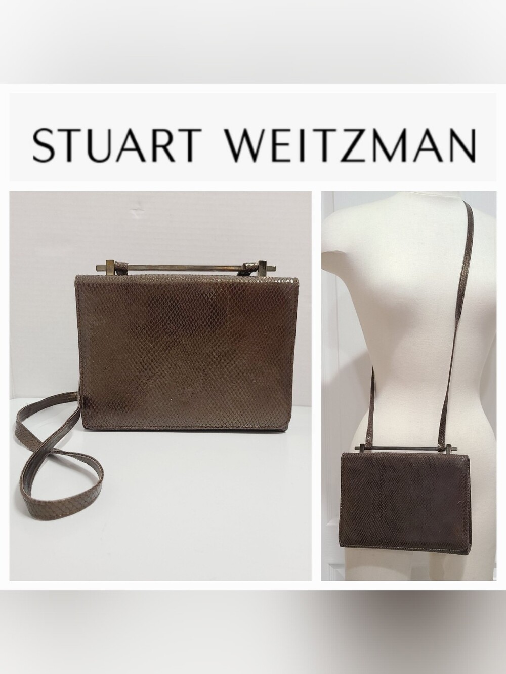 Stuart Weitzman Vintage Brown Snakeskin Embossed Leather Crossbosy Bag - Picture 1 of 16